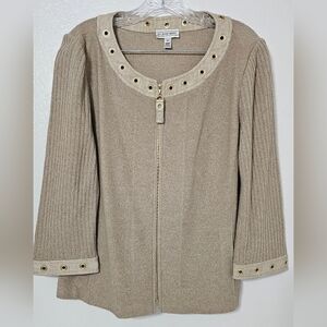 St. John Sport Tan Zip Front Jacket Gold Grommet Trim Knit Blazer Medium